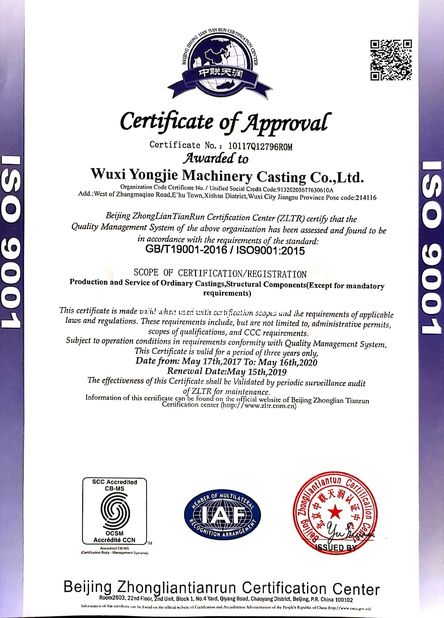 Chine Wuxi Yongjie Machinery Casting Co., Ltd. certifications