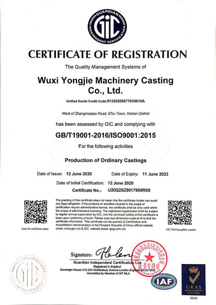 Chine Wuxi Yongjie Machinery Casting Co., Ltd. certifications
